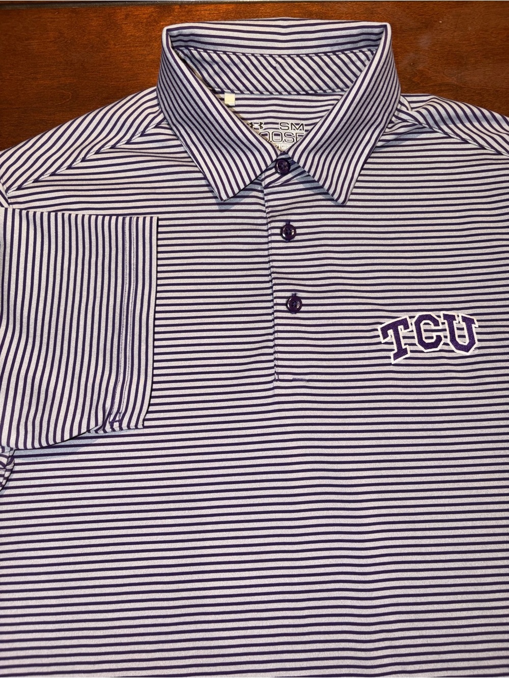 Under Armour TCU Horned Frogs White/Purple Striped Polo Shirt Size Small